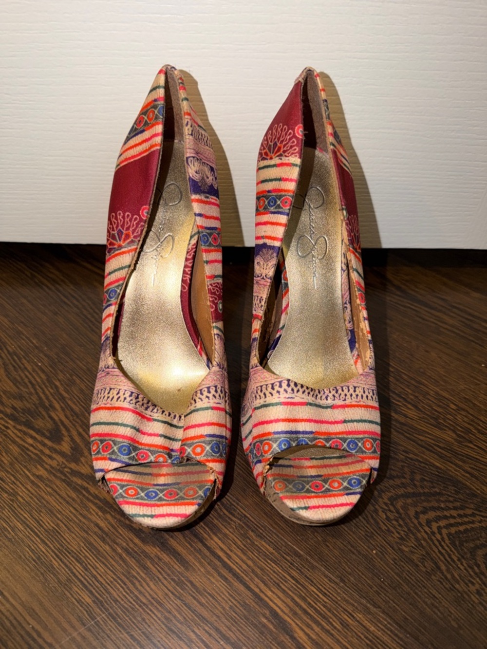 Jessica Simpson Red Multicolor Ethnic Print Peep-Toe Heels